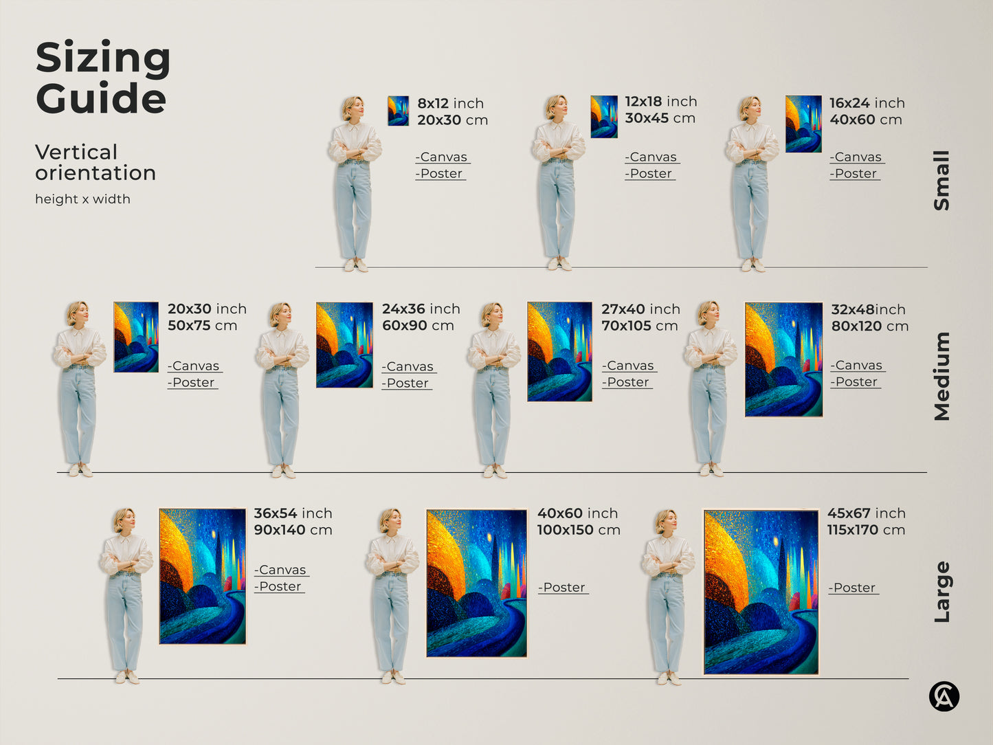 Sizing guide for abstract landscape wall art. Vertical orientation height by width examples shown. This deep blue and gold canvas will enhance your eclectic bedroom decor and is a great birthday gift.