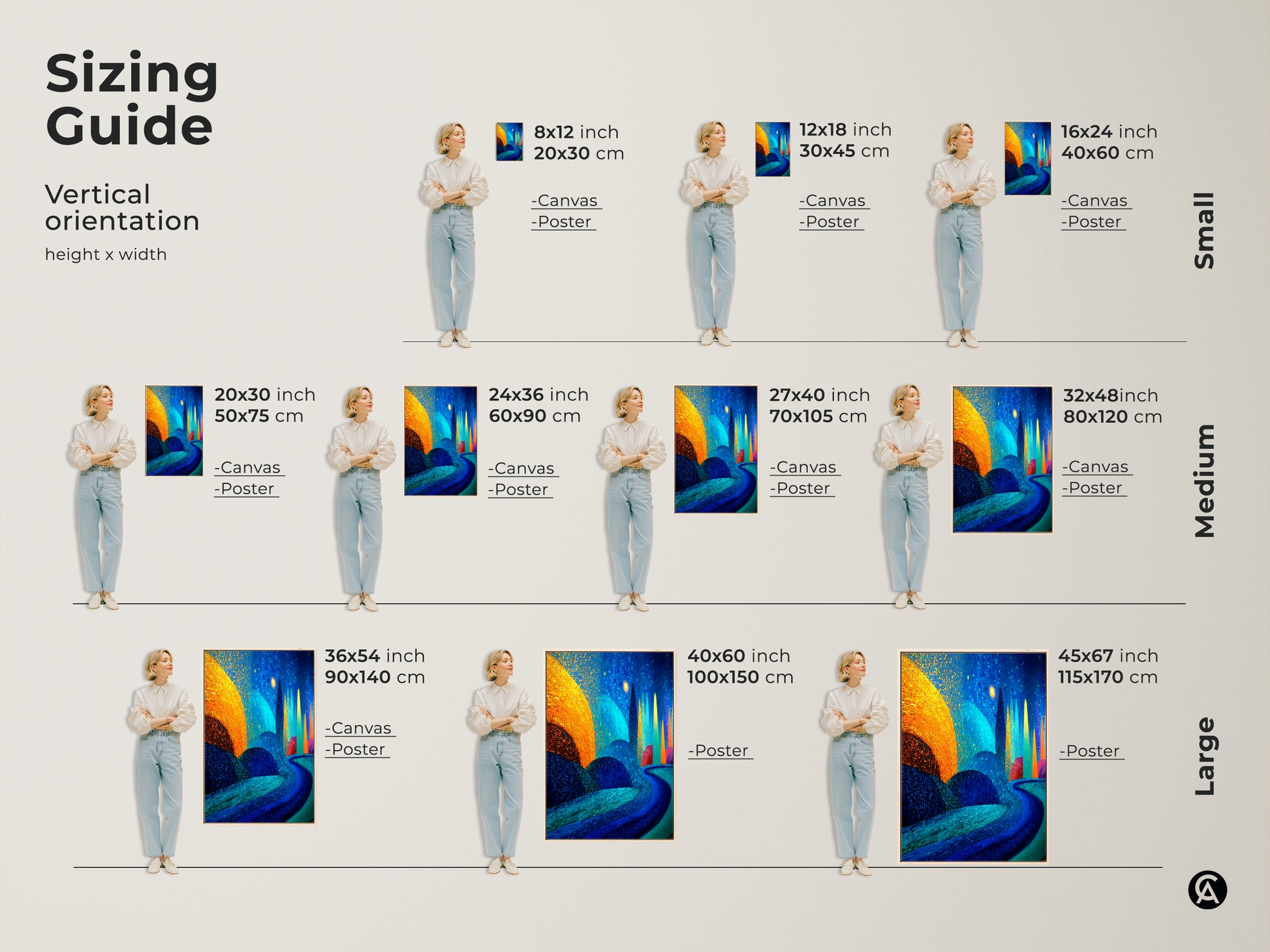 Sizing guide for abstract landscape wall art. Vertical orientation height by width examples shown. This deep blue and gold canvas will enhance your eclectic bedroom decor and is a great birthday gift.