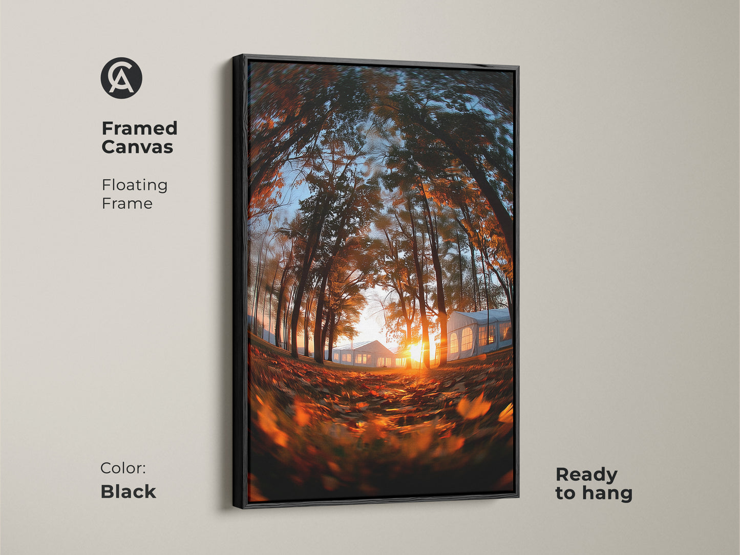 Framed canvas artwork featuring a forest at sunset with a black floating frame. Ready to hang and adds sophistication to any space. The warm sun glows behind tents. Get this framed art for your home or office.