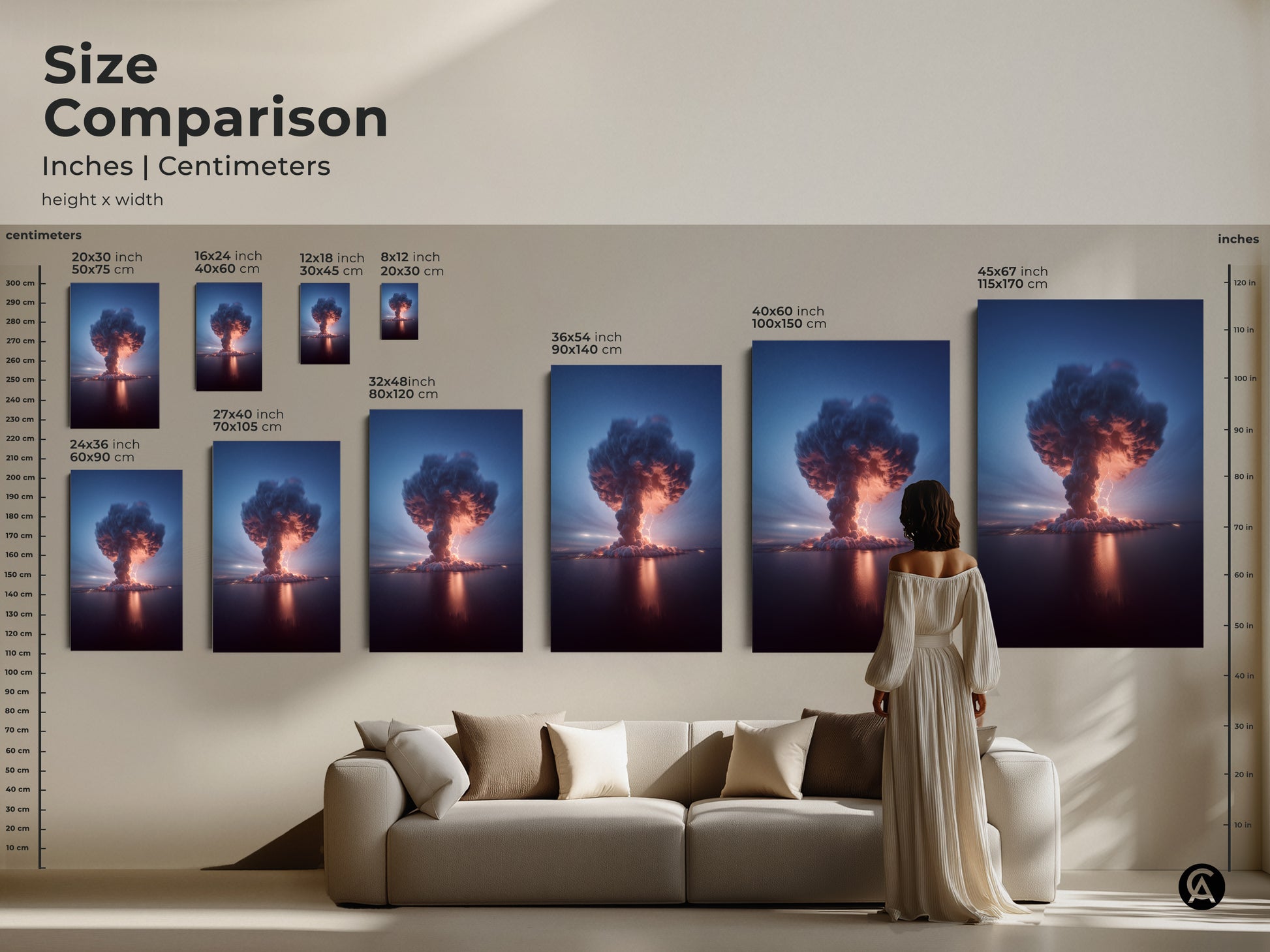 Size comparison featuring a woman viewing various sizes of the Volcano Explosion Thunderstorm artwork. Available in inches and centimeters this surreal nature wall art offers deep blue and crimson tones. Its a unique gift for adventurers.