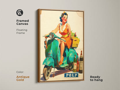 Framed canvas art featuring a woman on a Vespa scooter. The floating frame is antique gold and ready to hang. This beautiful artwork adds vintage charm and a touch of elegance to your home. A perfect decor for any room.