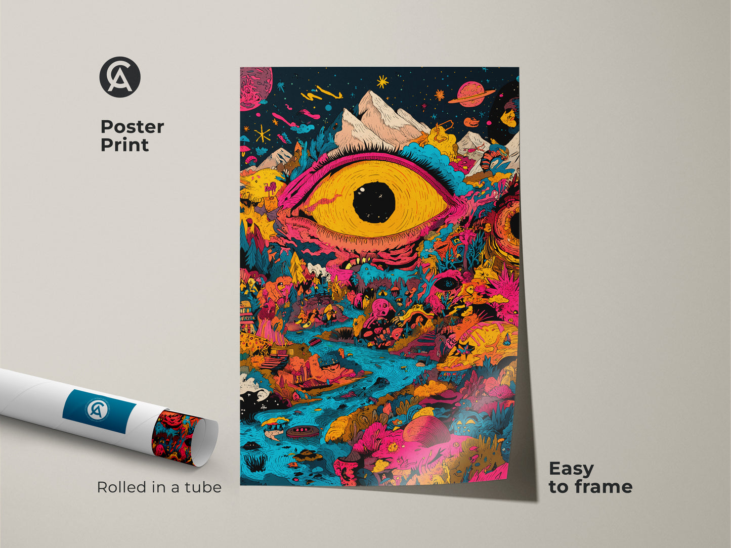 Unleash your imagination with this easy-to-frame poster print. The artwork shows a surreal scene with a large eye planets and colorful landscapes. Rolled in a tube for protection this museum-quality poster adds a touch of cosmic wonder to your space.