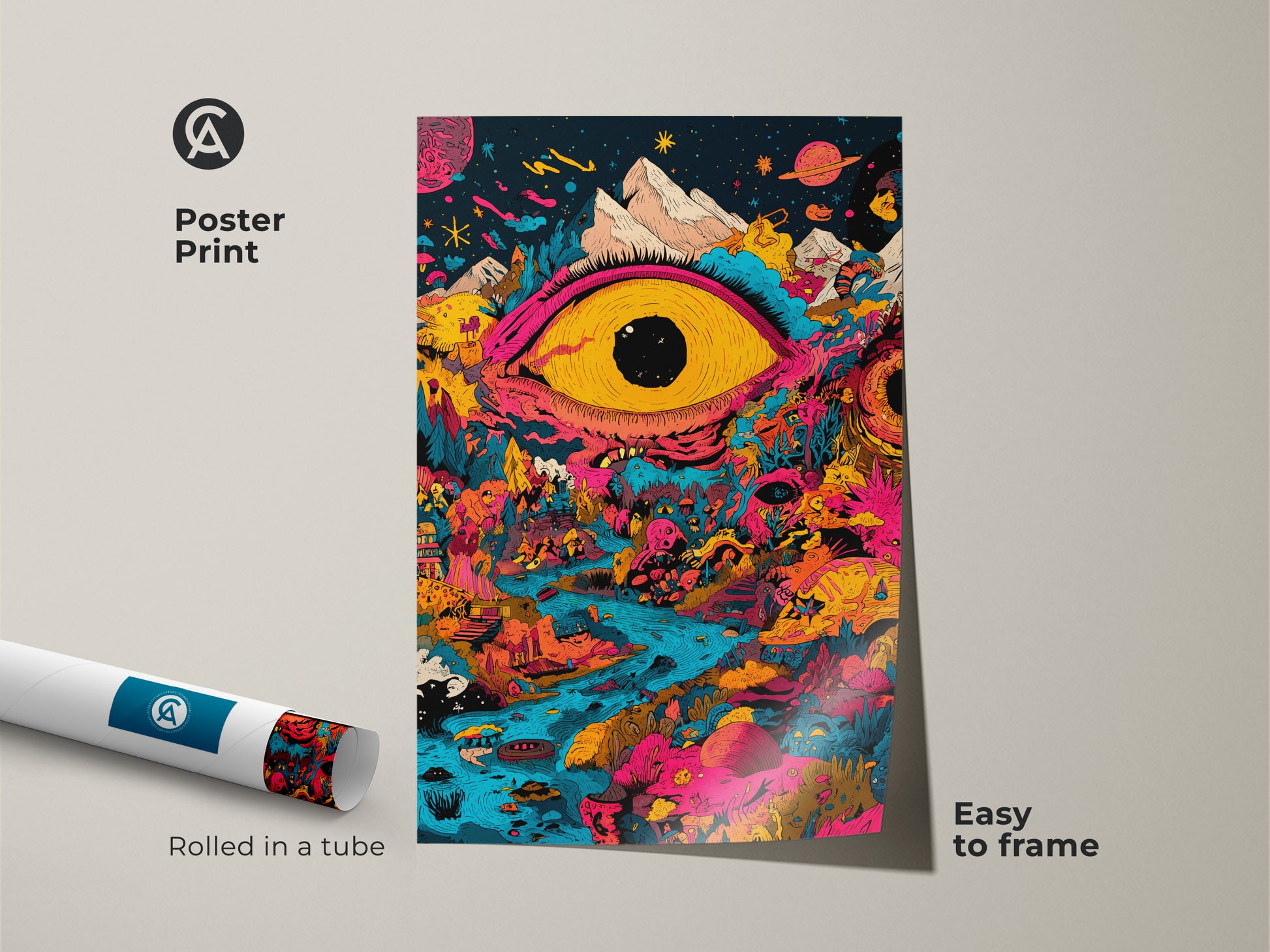 Unleash your imagination with this easy-to-frame poster print. The artwork shows a surreal scene with a large eye planets and colorful landscapes. Rolled in a tube for protection this museum-quality poster adds a touch of cosmic wonder to your space.