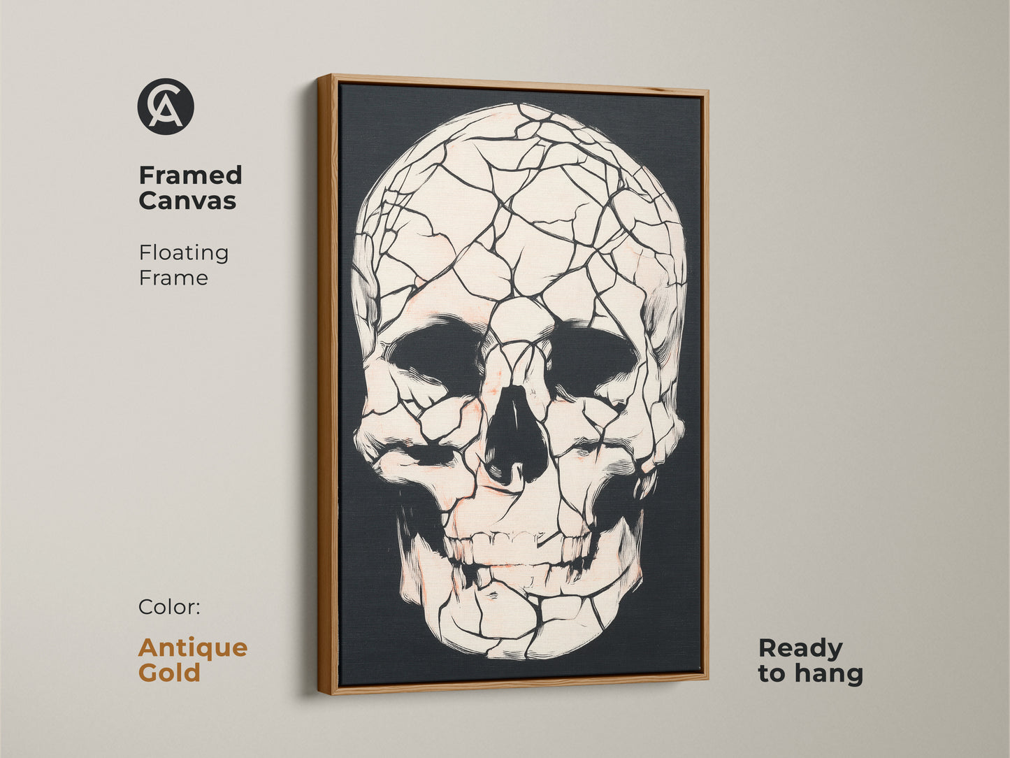 Framed canvas featuring an antique gold floating frame and a gothic cracked skull. This macabre skull art is ready to hang. It enhances eclectic gothic aesthetic decor. Black red and white art makes a statement. Perfect wall hanging for Halloween.