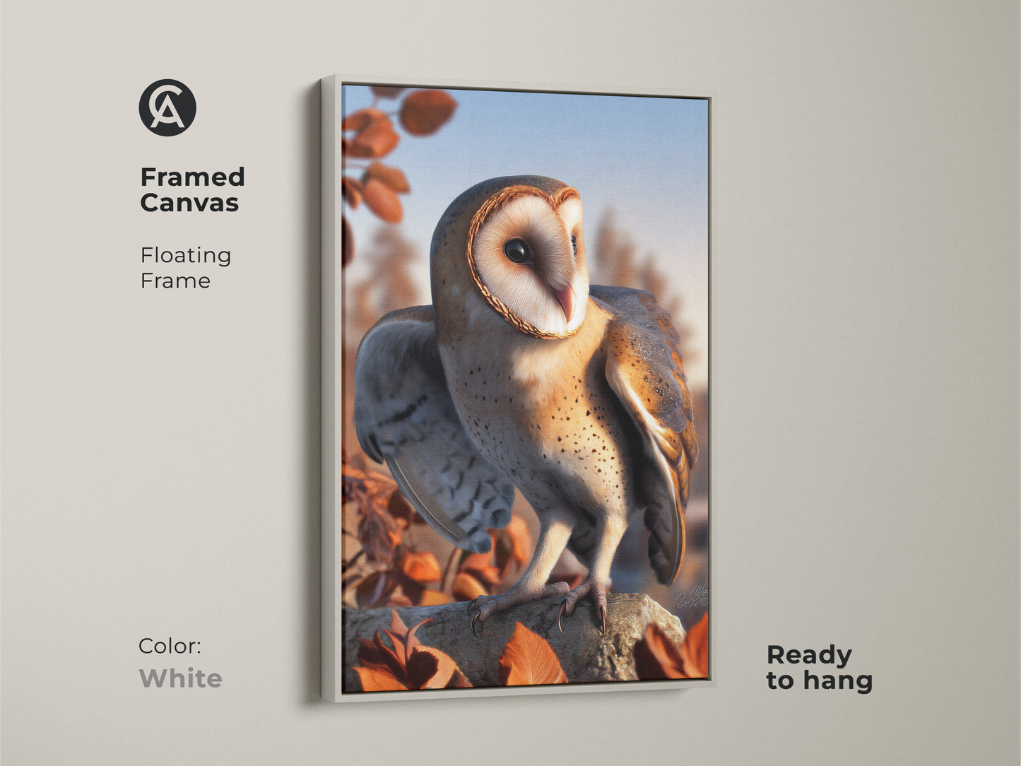 Framed canvas featuring a barn owl. Floating frame in white enhances the rustic nature decor. This autumn leaves wall art is ready to hang. A perfect bird watcher gift idea. The wildlife artwork complements any space.
