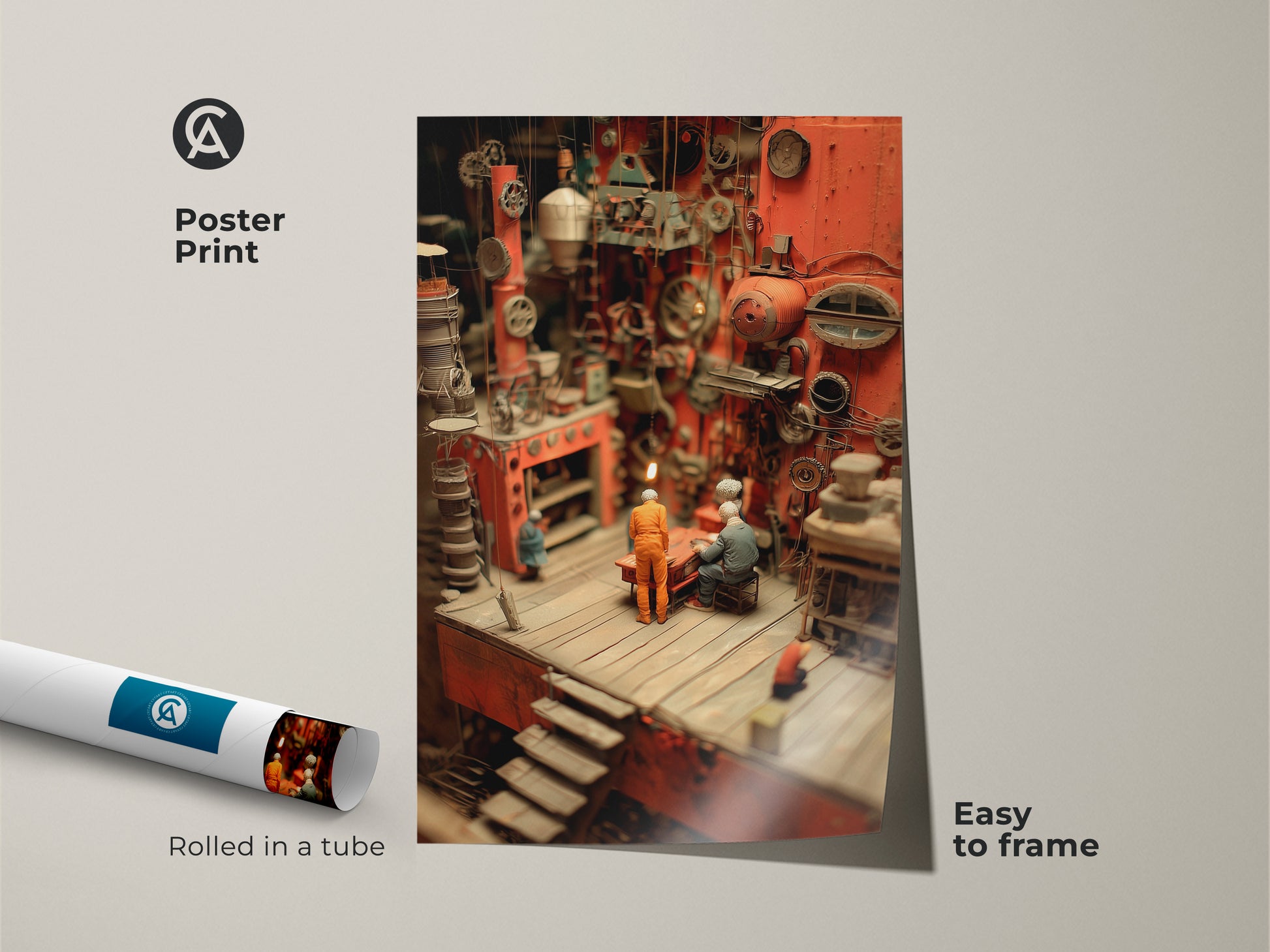 This is a poster print of a Steampunk diorama. The industrial factory art comes rolled in a tube. Easy to frame this miniature machinery canvas art. This unique vintage artwork has retro mechanical scene.