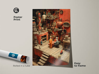 This is a poster print of a Steampunk diorama. The industrial factory art comes rolled in a tube. Easy to frame this miniature machinery canvas art. This unique vintage artwork has retro mechanical scene.