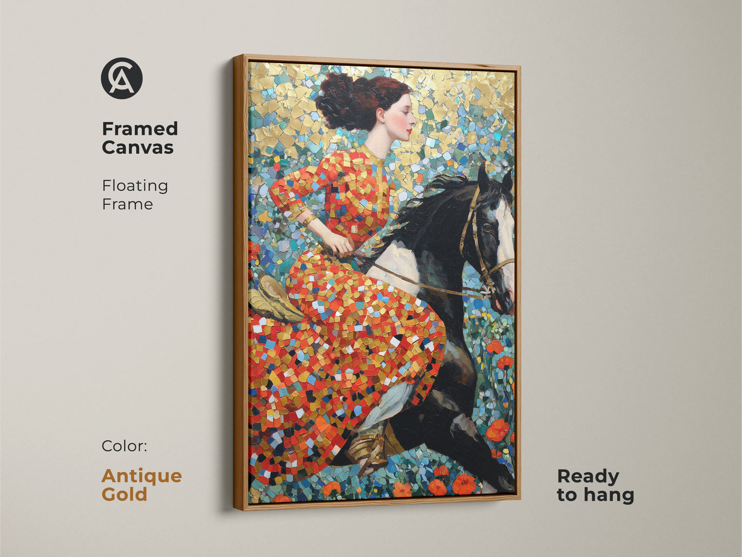 Explore this framed canvas art featuring a woman riding a horse. The antique gold floating frame complements the mosaic style artwork. The red gold and teal palette adds warmth to any space. Perfect for eclectic homes this canvas is ready to hang. It is a unique gift for horse lovers.