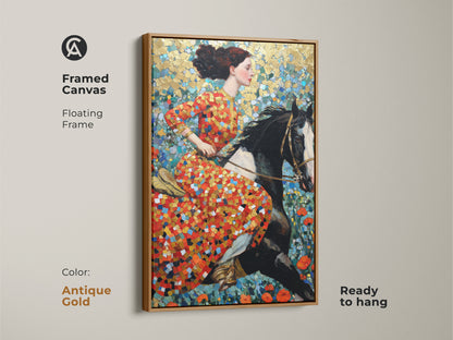 Explore this framed canvas art featuring a woman riding a horse. The antique gold floating frame complements the mosaic style artwork. The red gold and teal palette adds warmth to any space. Perfect for eclectic homes this canvas is ready to hang. It is a unique gift for horse lovers.