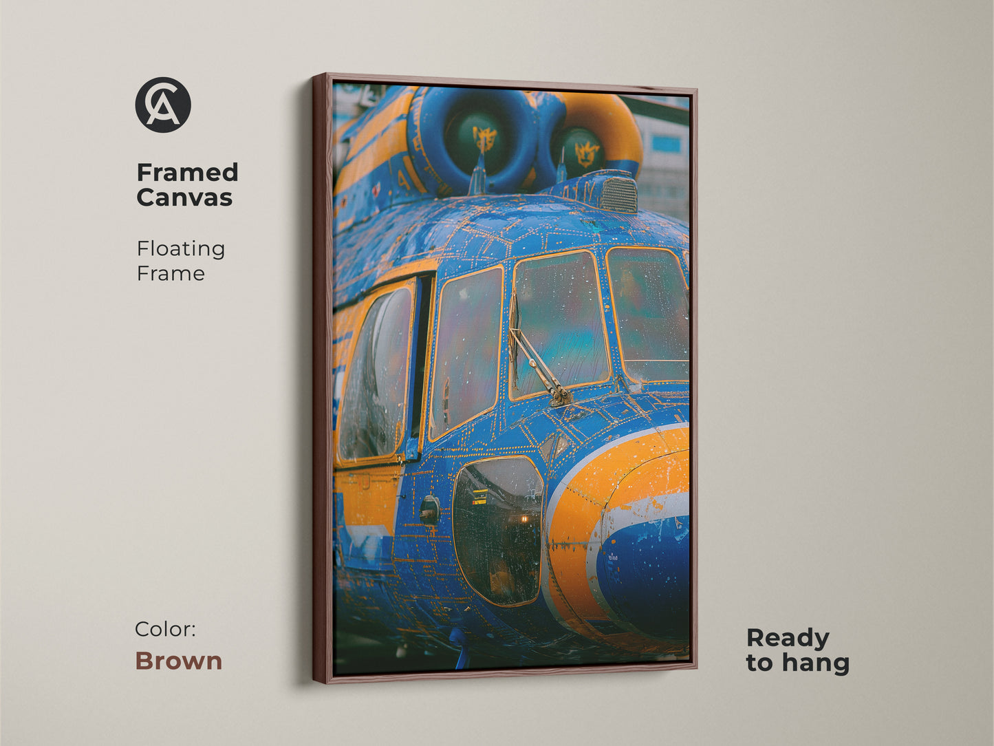 Framed canvas art featuring a blue and yellow helicopter. The floating frame is brown. This unique piece of art is ready to hang. The helicopter artwork is printed on a framed canvas.
