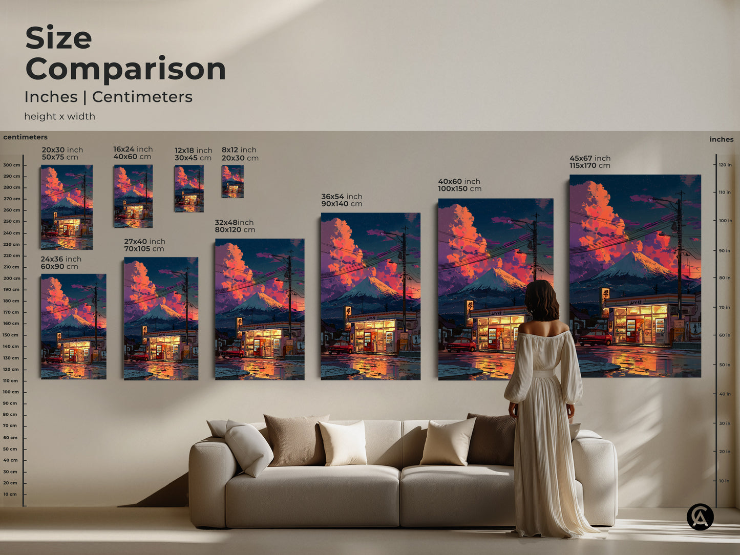 Size comparison of retro anime wall art prints. Various sizes are displayed above a couch. Options range from 8x12 inches to 45x67 inches. See how each size fits in a living space. This Japanese cityscape wall art is a unique home decor choice. A great anime fan gift.