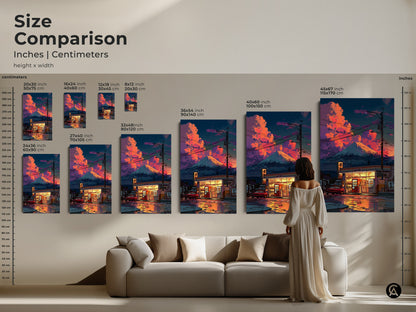Size comparison of retro anime wall art prints. Various sizes are displayed above a couch. Options range from 8x12 inches to 45x67 inches. See how each size fits in a living space. This Japanese cityscape wall art is a unique home decor choice. A great anime fan gift.