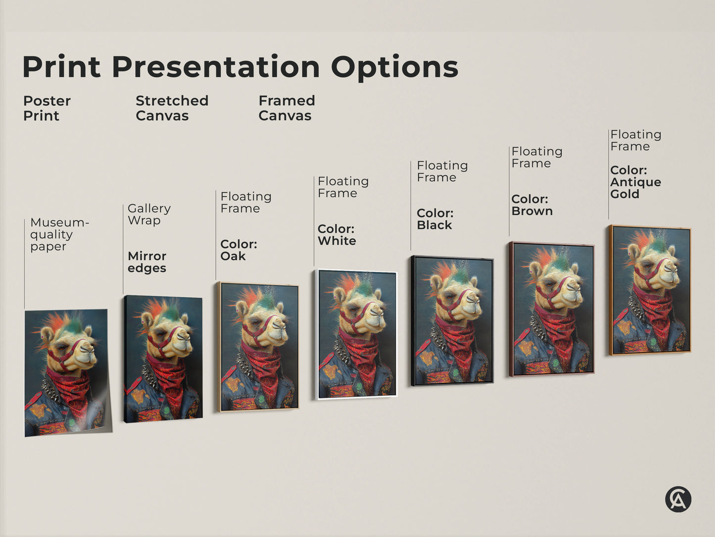 Explore print presentation options with punk camel artwork. It has a mohawk and studded jacket. Choose from poster print to framed canvas in various styles. Perfect for adding an eclectic touch to your office. Ideal as a unique gift for music lovers. Find your perfect rocker animal art today.