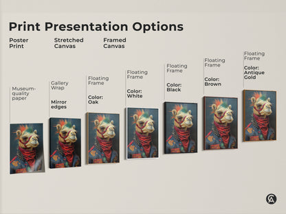 Explore print presentation options with punk camel artwork. It has a mohawk and studded jacket. Choose from poster print to framed canvas in various styles. Perfect for adding an eclectic touch to your office. Ideal as a unique gift for music lovers. Find your perfect rocker animal art today.