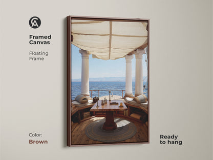Framed Canvas floating frame in Brown showcasing Classical Columns Art. Mediterranean Ocean View Wall Art for Study Room. Tan and Blue Art Decor is ready to hang. Coastal Living.