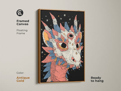 Framed canvas with an antique gold floating frame. This boho eclectic wall art will enhance any room. The modern fantasy art is a collectible piece. The coral and blue dragon is captivating.