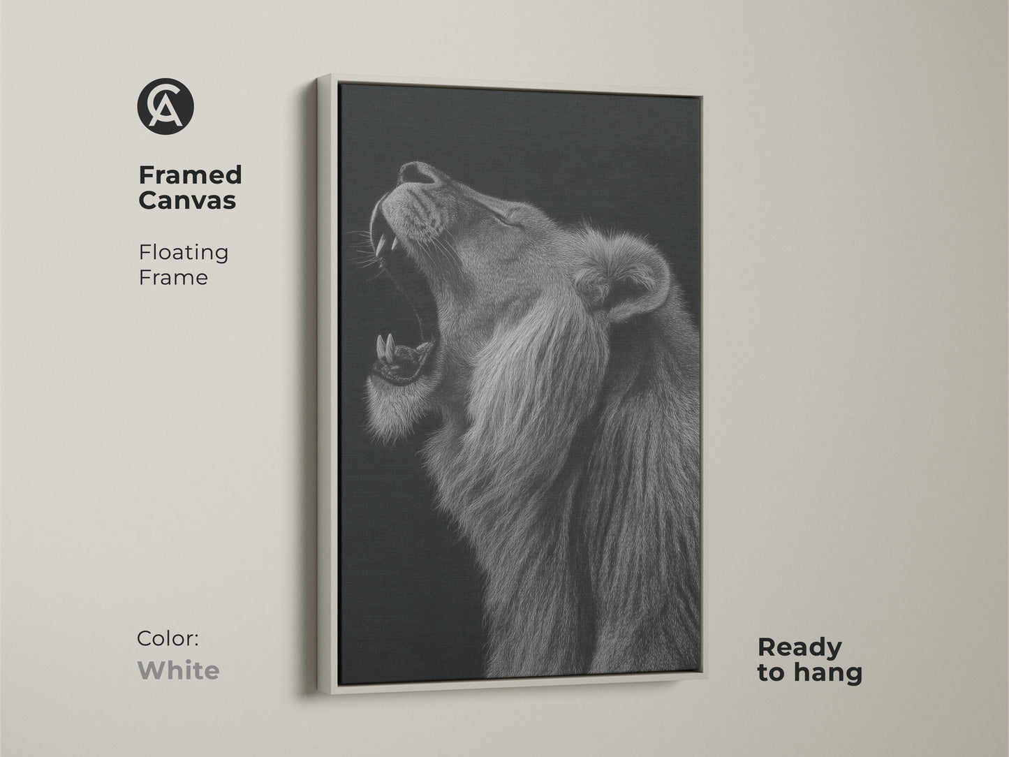 Framed canvas featuring a clean white floating frame. This monochrome canvas art is ready to enhance your walls. Decorate with wildlife wall decor featuring a roaring lion artwork. The black and white animal portrait print offers a modern art style. Elevate your home with this canvas.