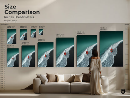 Size comparison of coastal canvas prints. See how the teal ocean artwork fits above a sofa. Visualize sizes from small to extra large. This minimalist art will enhance any living space.