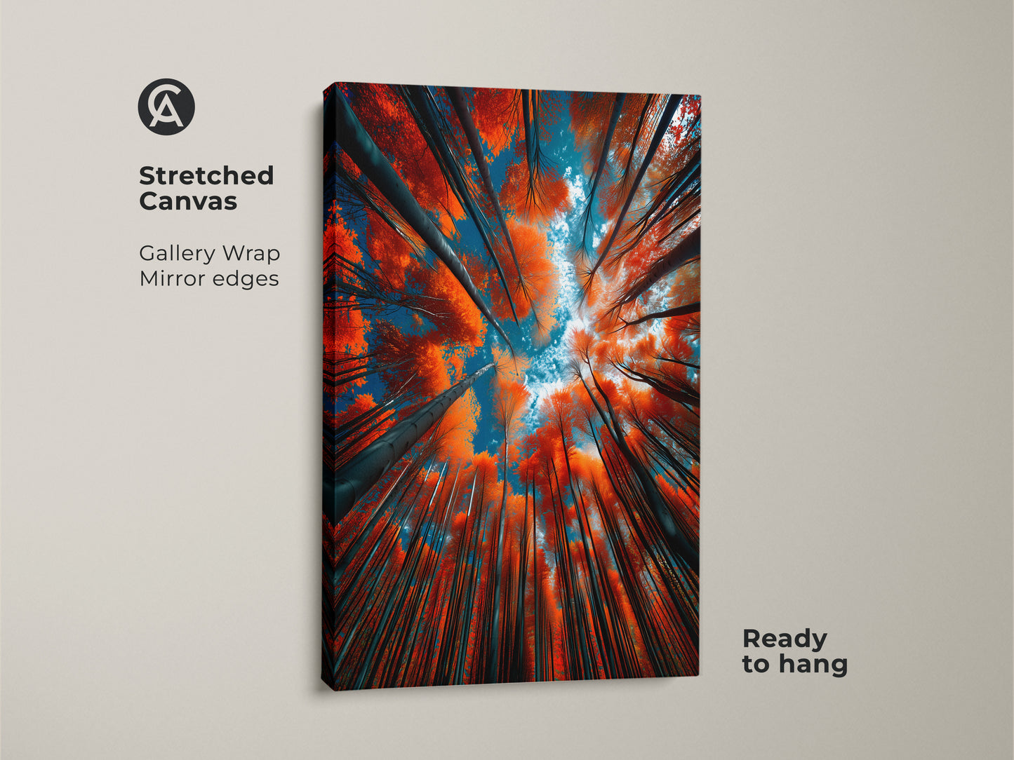 Stretched canvas artwork of a colorful forest canopy. The art is ready to hang. Gallery wrapped with mirrored edges. The orange leaves and blue sky create a striking contrast. Buy this wall art today.
