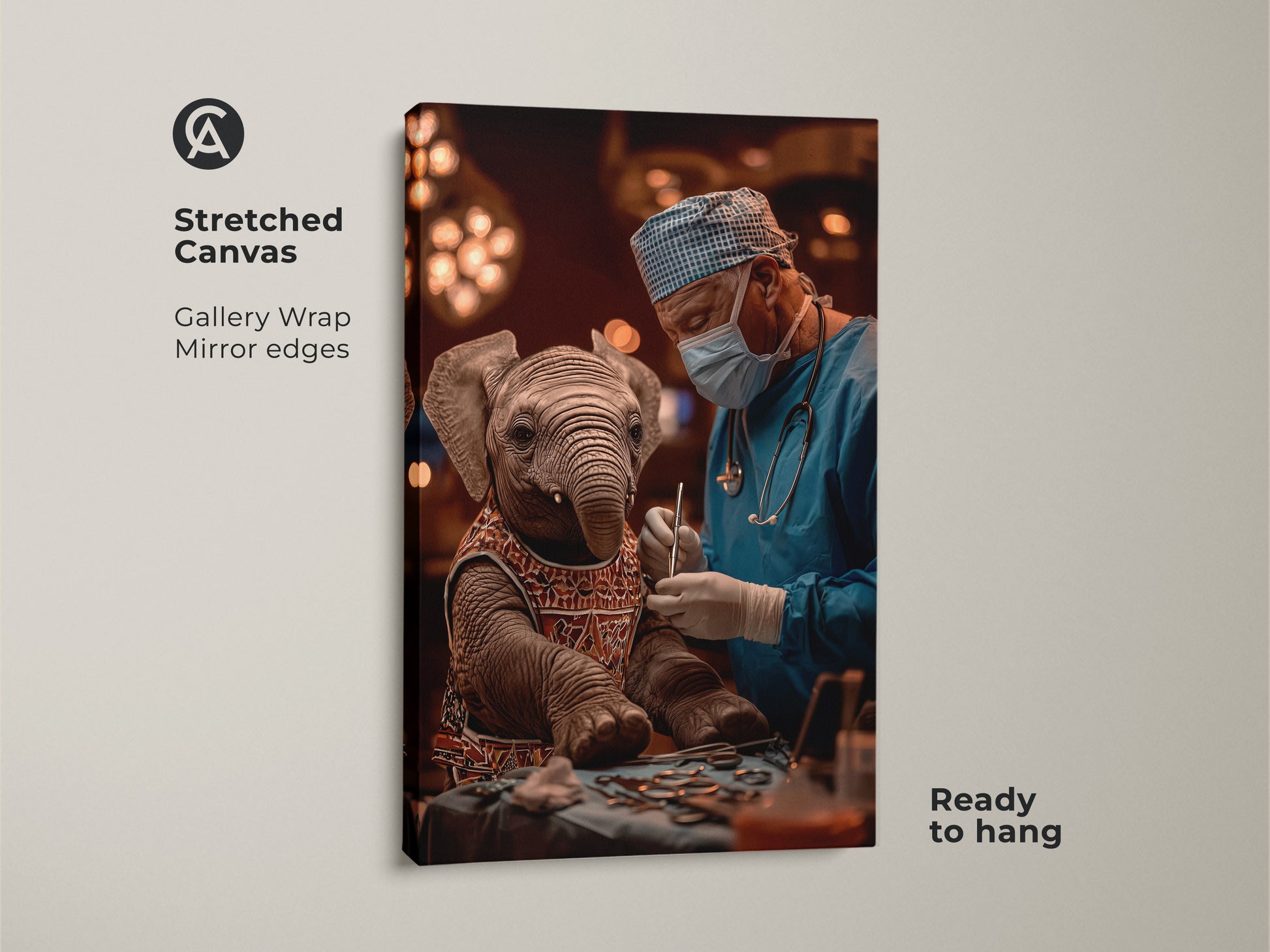 A stretched canvas gallery wrap art featuring an elephant surgeon. It offers mirror edges and is ready to hang. This veterinary office decor showcases surreal medical art. The blue and brown animal canvas is perfect for animal lovers. It's quirky surgery artwork suitable for eclectic homes or as art for vets and doctors.