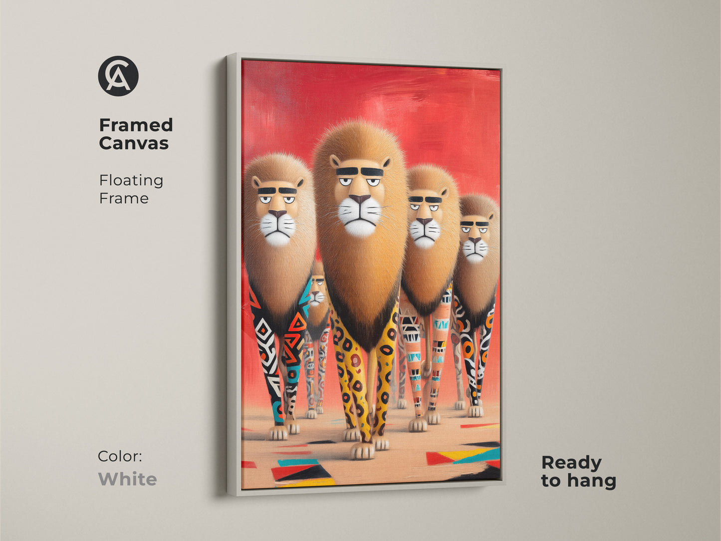 The image displays a framed canvas art print of lions with tribal geometric legs and a white floating frame. This wildlife canvas art brings a modern eclectic style to any space. This unique animal art makes a great birthday gift for animal lovers.
