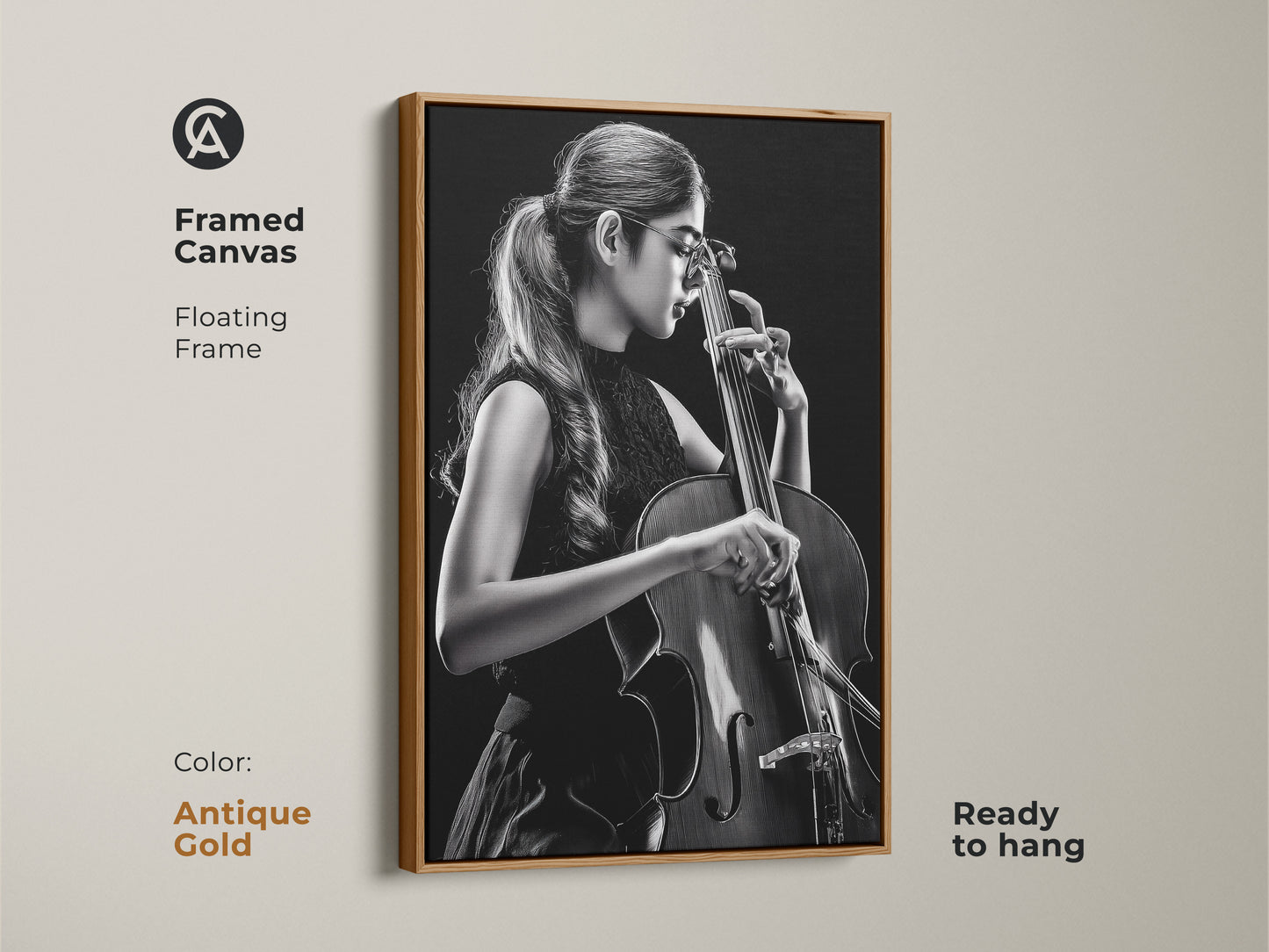 Framed canvas features a cellist in monochrome. The artwork has a floating frame in antique gold. Ready to hang this contemporary piece adds elegance to any room. A sophisticated gift for music enthusiasts and art collectors.