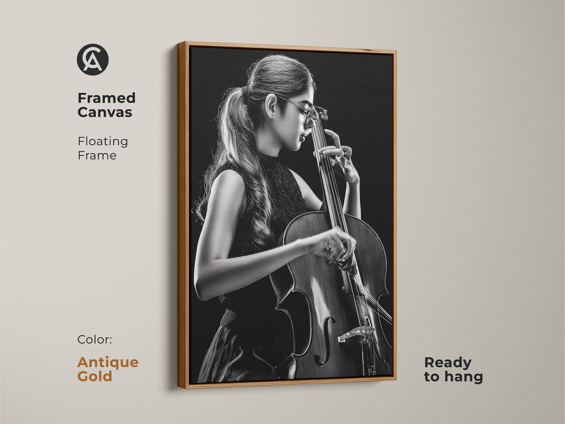 Framed canvas features a cellist in monochrome. The artwork has a floating frame in antique gold. Ready to hang this contemporary piece adds elegance to any room. A sophisticated gift for music enthusiasts and art collectors.