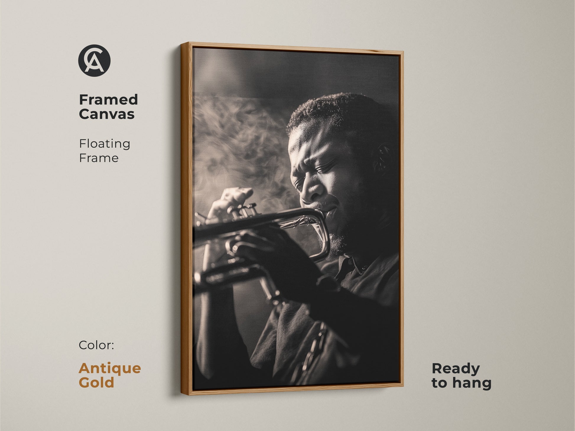 A framed canvas in antique gold features a black and white photo. The musician is performing with passion on the trumpet. The floating frame gives a classic look. Ready to hang this framed art. Elevate your decor with this art!