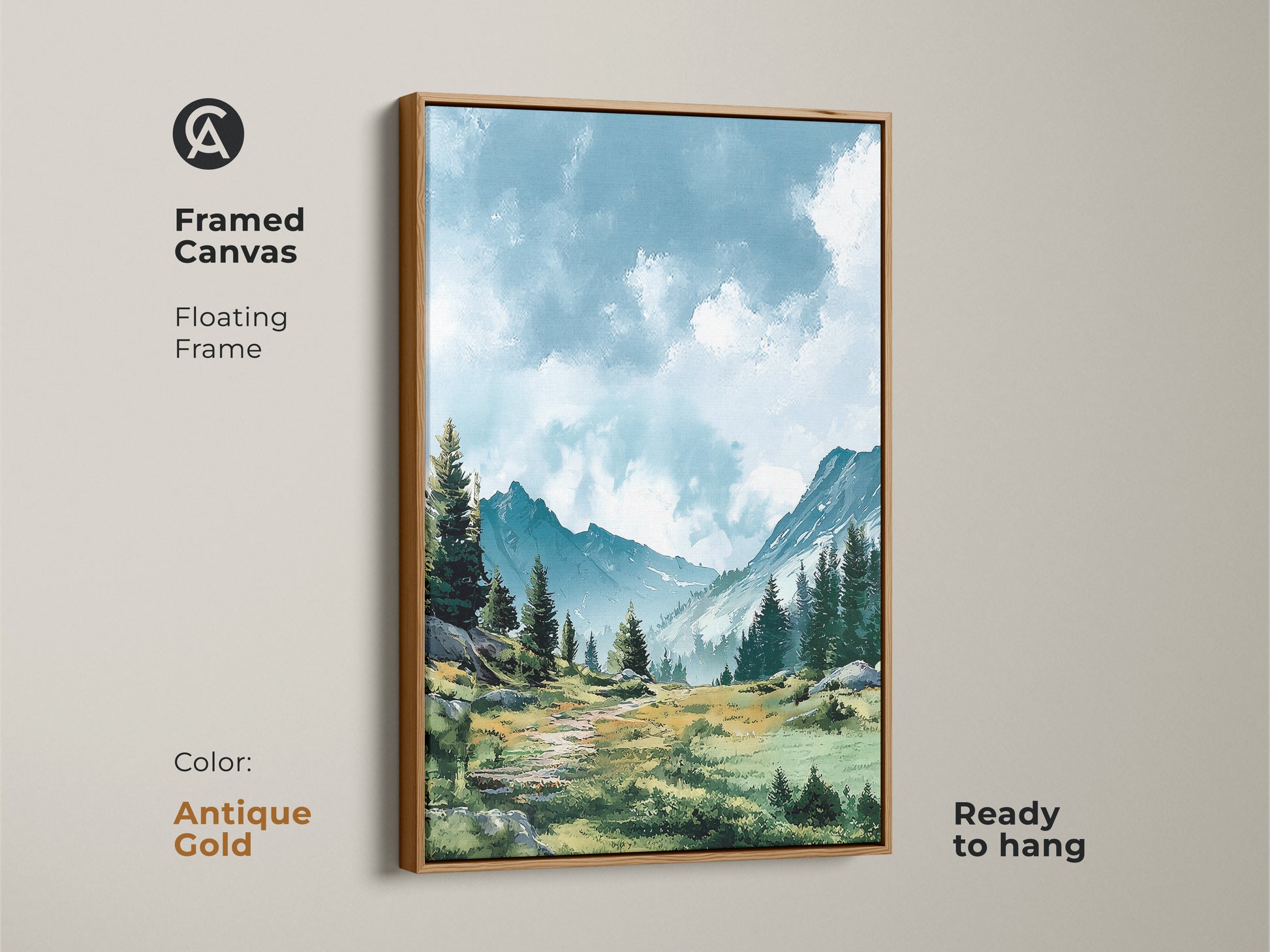 Elevate your decor with this framed canvas art. Showcasing a peaceful mountain landscape in an antique gold floating frame. This ready-to-hang artwork adds a touch of luxury to any space. The antique gold frame enhances the artwork's elegance.