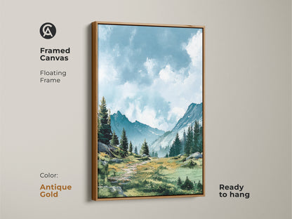 Elevate your decor with this framed canvas art. Showcasing a peaceful mountain landscape in an antique gold floating frame. This ready-to-hang artwork adds a touch of luxury to any space. The antique gold frame enhances the artwork's elegance.