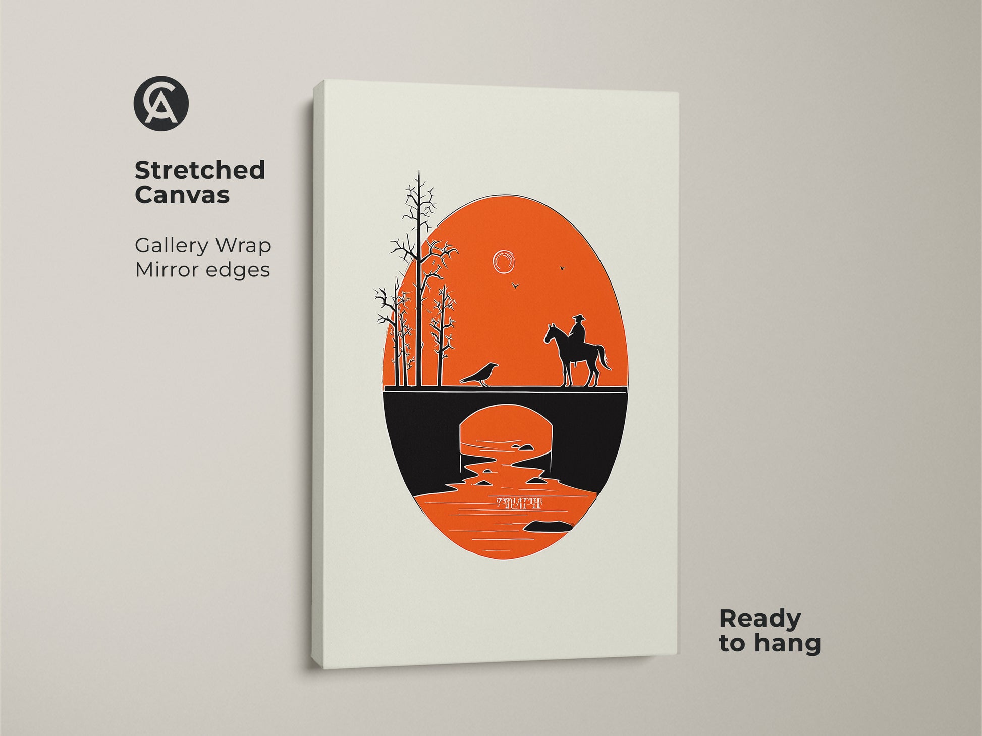Stretched Canvas gallery wrap of a cowboy on horseback crossing a bridge. The minimalist retro artwork features an orange and black silhouette against a light background. This Mid-Century Modern art print is ready to hang. It's an ideal housewarming gift for those who appreciate western art and desert landscapes. The artwork is a scenic landscape print with a vintage cowboy feel.