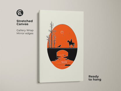 Stretched Canvas gallery wrap of a cowboy on horseback crossing a bridge. The minimalist retro artwork features an orange and black silhouette against a light background. This Mid-Century Modern art print is ready to hang. It's an ideal housewarming gift for those who appreciate western art and desert landscapes. The artwork is a scenic landscape print with a vintage cowboy feel.