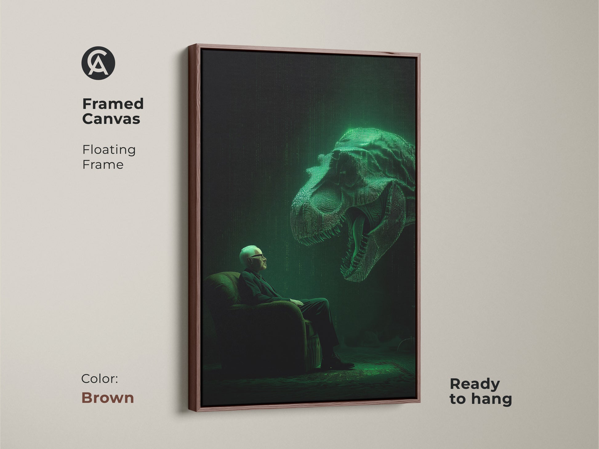 Elevate your decor with this framed canvas artwork. The brown floating frame enhances the captivating image. A man faces a glowing T-Rex head. Ready to hang it brings a touch of sophistication. This piece is a must-have.