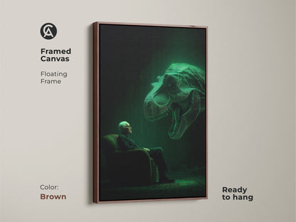 Elevate your decor with this framed canvas artwork. The brown floating frame enhances the captivating image. A man faces a glowing T-Rex head. Ready to hang it brings a touch of sophistication. This piece is a must-have.