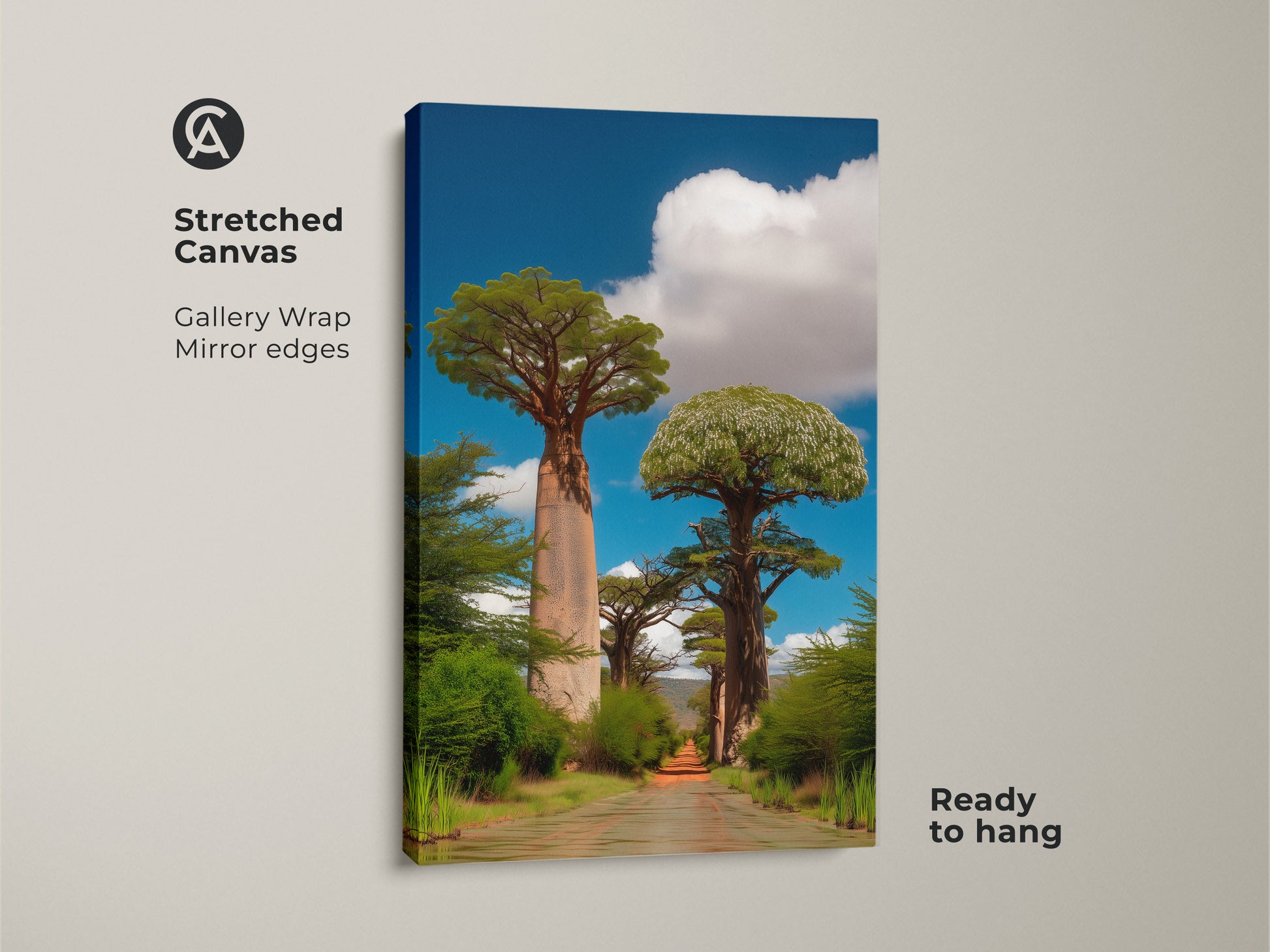 Stretched canvas of realistic baobab trees in an African landscape. The gallery wrap showcases mirror edges. Ready to hang this boho art piece. The photorealistic trees print creates a wanderlust vibe. A perfect travel lovers gift. It captures the essence of a savanna landscape with its blue sky.