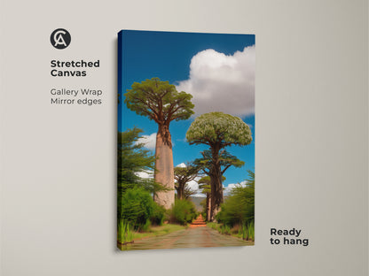 Stretched canvas of realistic baobab trees in an African landscape. The gallery wrap showcases mirror edges. Ready to hang this boho art piece. The photorealistic trees print creates a wanderlust vibe. A perfect travel lovers gift. It captures the essence of a savanna landscape with its blue sky.