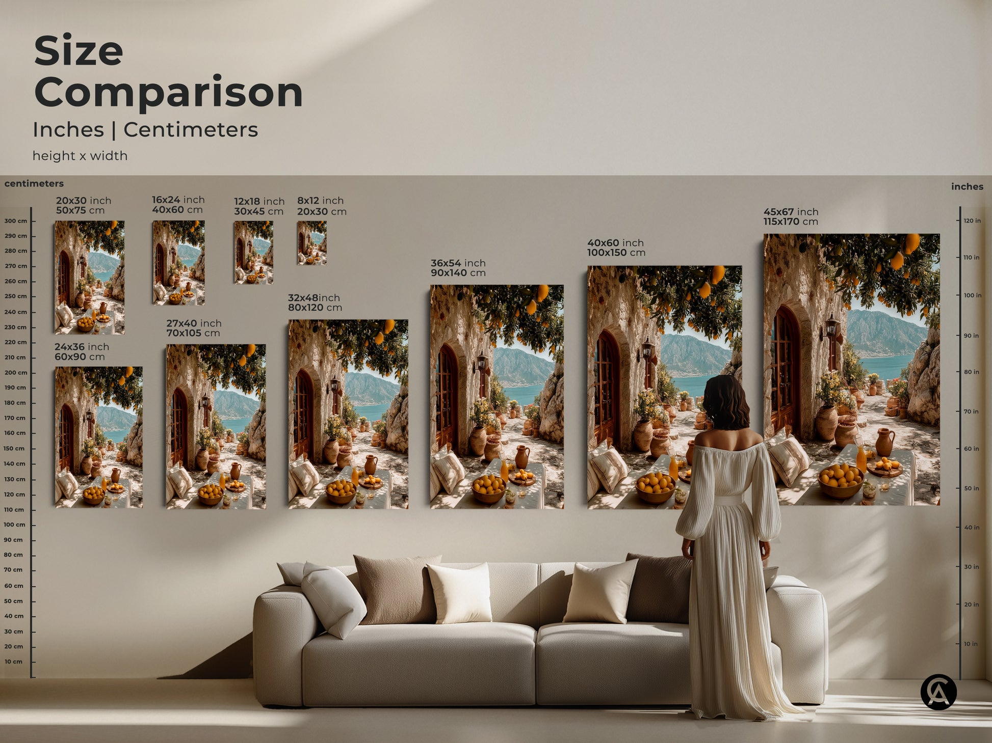 Size comparison of Mediterranean Lemon Tree artwork in inches and centimeters. See how various sizes fit above a sofa. Choose the perfect scale for your coastal or Mediterranean style decor.