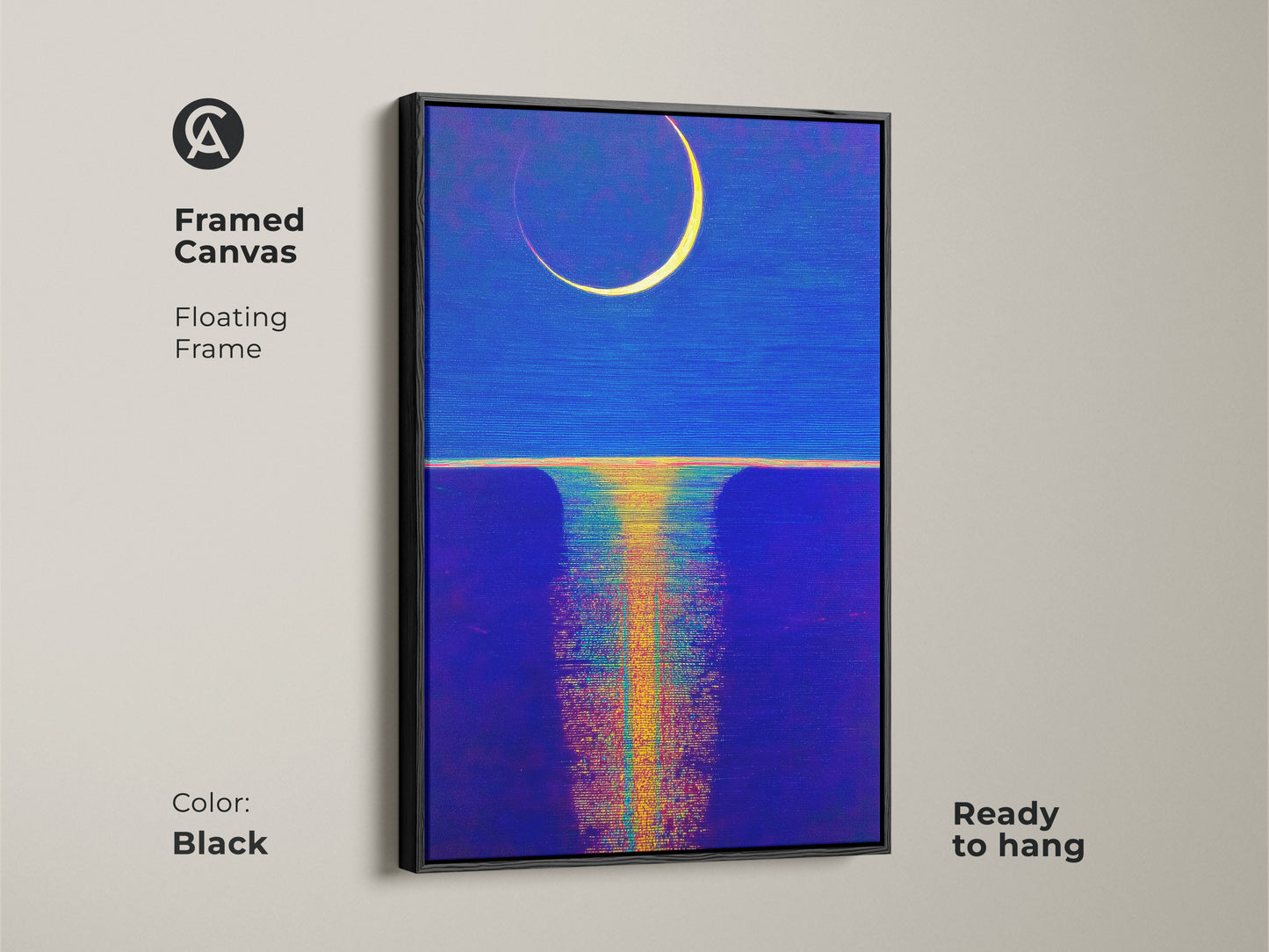 This framed canvas shows a floating frame and an abstract night scene. Displaying celestial moon art in deep blue and ochre it's a beautiful artwork. Ready to hang this piece brings bohemian wall art into any room.