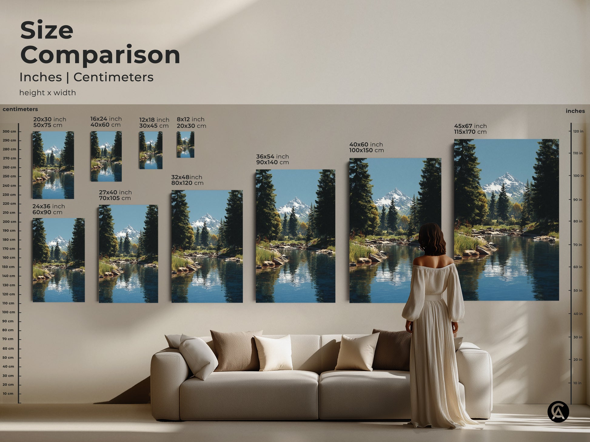 Size comparison of mountain river landscape art prints in inches and centimeters. See how different sizes fit above a sofa creating a stunning natural landscape home decor. Perfect for adding a touch of natural grandeur to any living space.