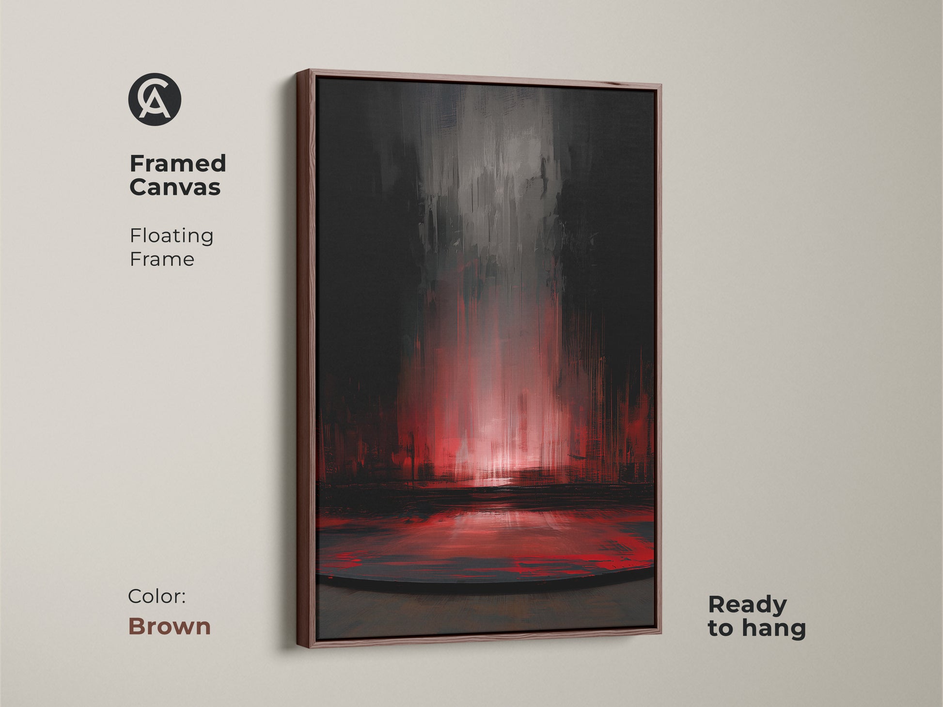 Framed canvas of contemporary crimson and dark grey abstract art. The floating frame is finished in brown adding warmth to the high-contrast artwork. This modern abstract art makes a perfect statement piece for bedroom decor. Gift this abstract expressionism wall art to art lovers seeking a unique touch for their home.