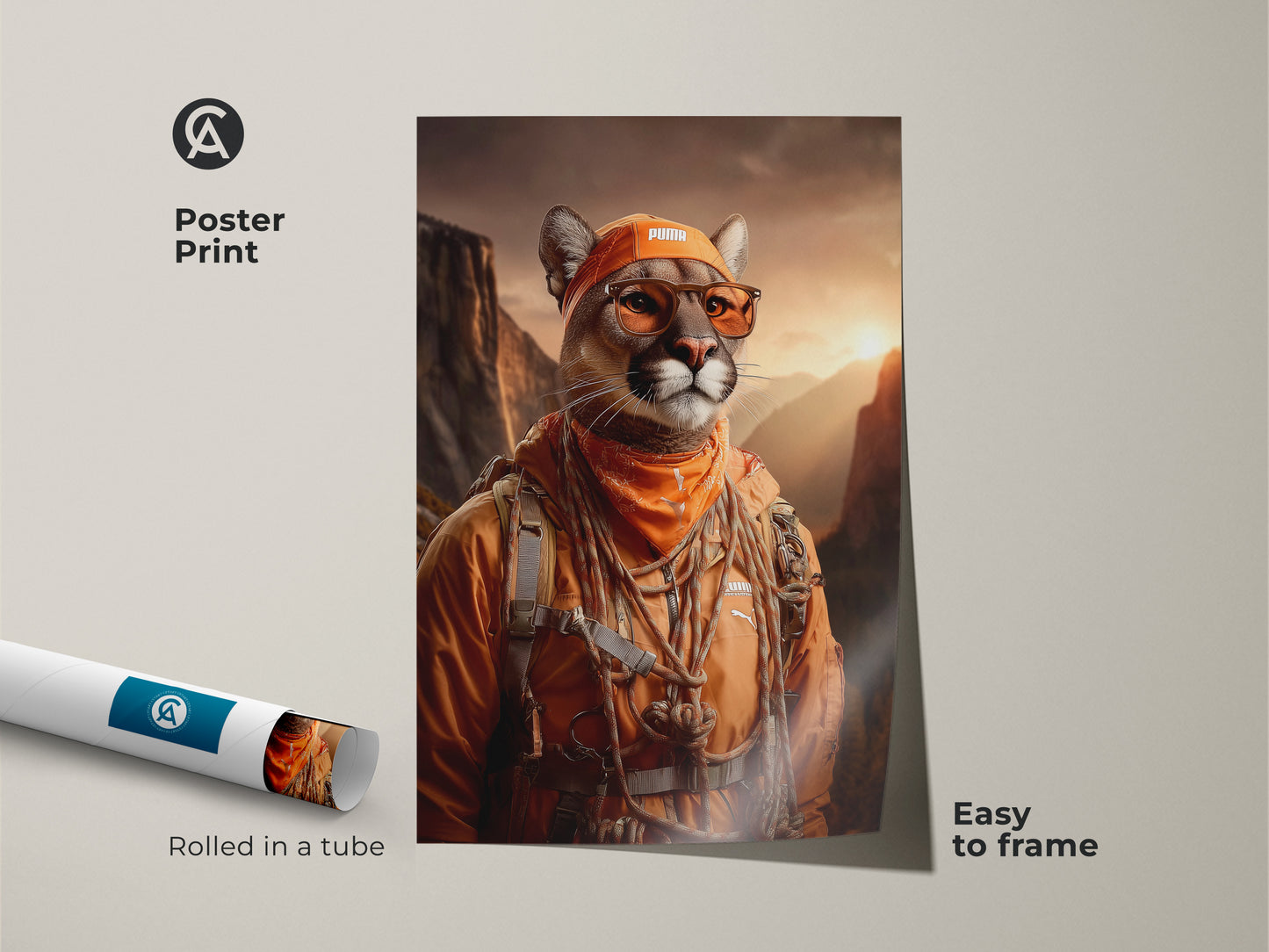 Poster Print Amber Mountain Cougar Art. The rolled art is easy to frame. The cool animal poster is a gift for him. Amber brown tones bring a sense of adventure. It’s perfect wilderness adventure decor. The mountain landscape wall art will elevate any space.