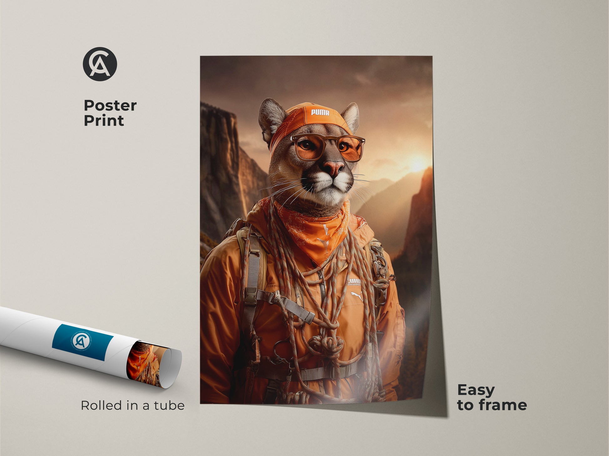Poster Print Amber Mountain Cougar Art. The rolled art is easy to frame. The cool animal poster is a gift for him. Amber brown tones bring a sense of adventure. It’s perfect wilderness adventure decor. The mountain landscape wall art will elevate any space.