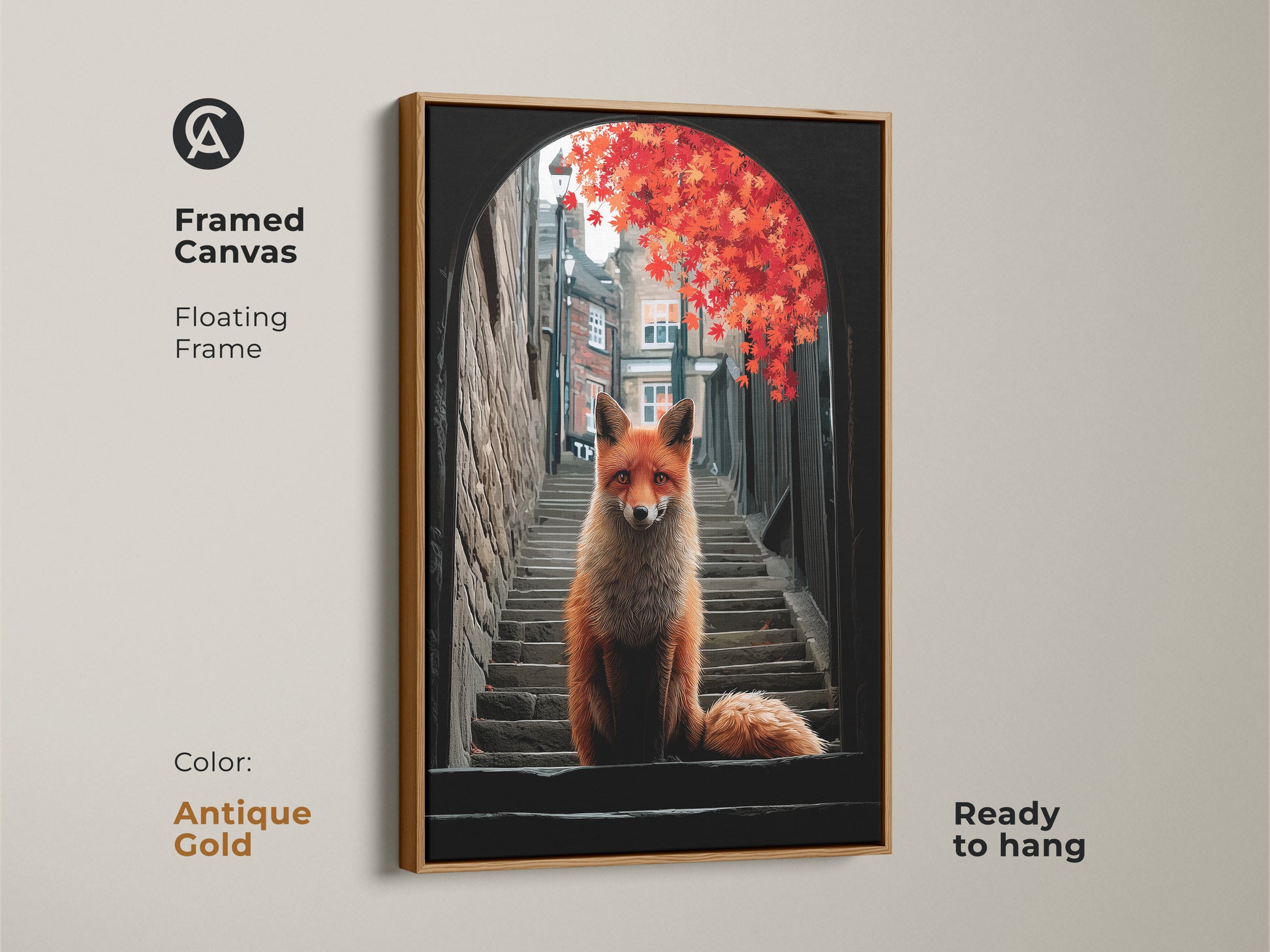 Adorn your space with this framed fox in alley canvas print. This framed artwork features a red fox on urban steps framed by red autumn leaves. The antique gold floating frame enhances its eclectic style. Perfect as a unique animal lover gift.