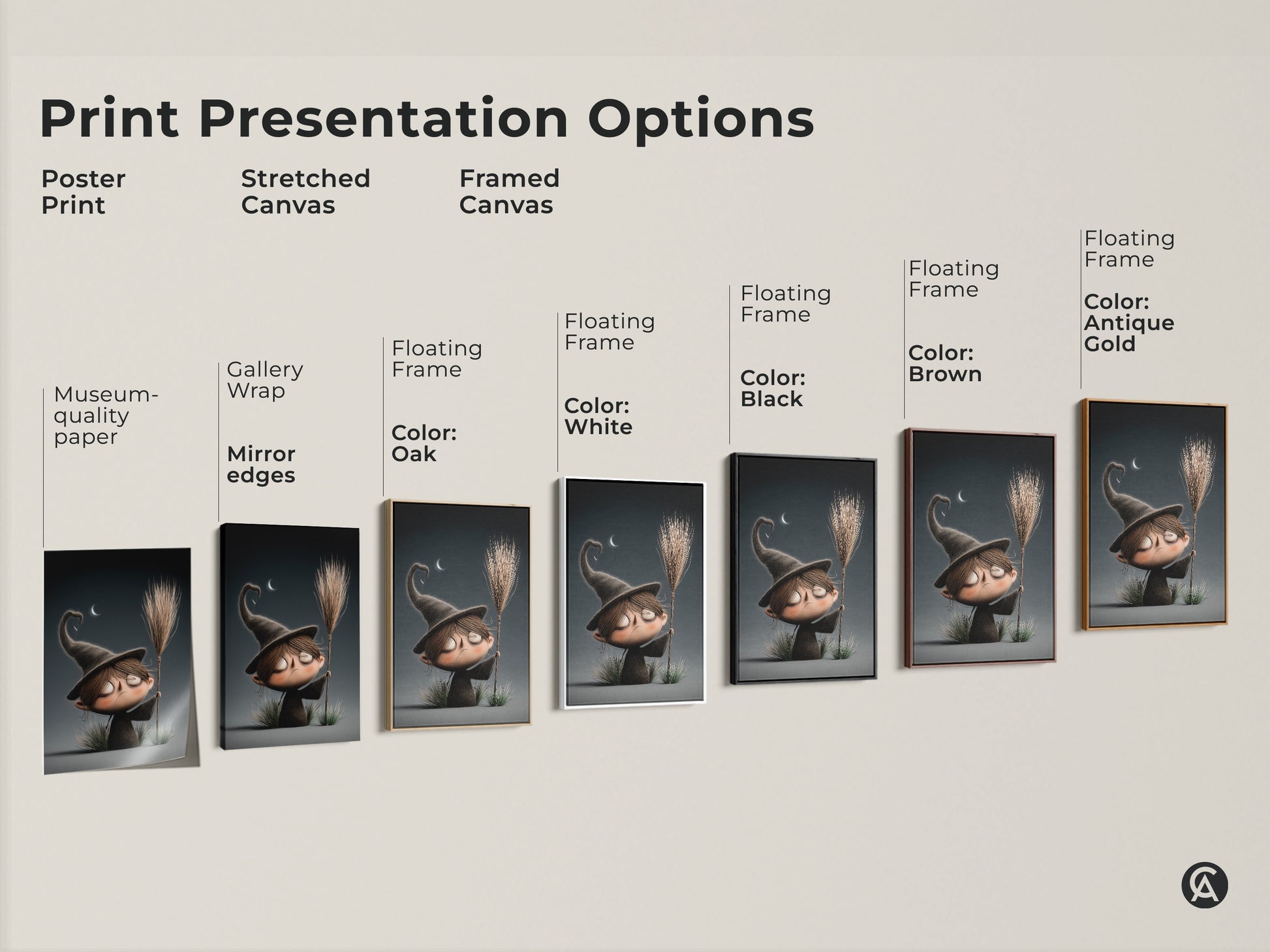 Explore various print presentation options for cute cartoon witch art. Choose from poster print stretched canvas or framed canvas. Spooky nursery wall decor and dark academia gift ideas. Find the perfect style for your kids room or playroom. Museum-quality paper and gallery wrap options available.