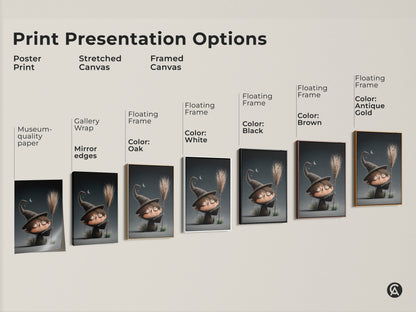 Explore various print presentation options for cute cartoon witch art. Choose from poster print stretched canvas or framed canvas. Spooky nursery wall decor and dark academia gift ideas. Find the perfect style for your kids room or playroom. Museum-quality paper and gallery wrap options available.