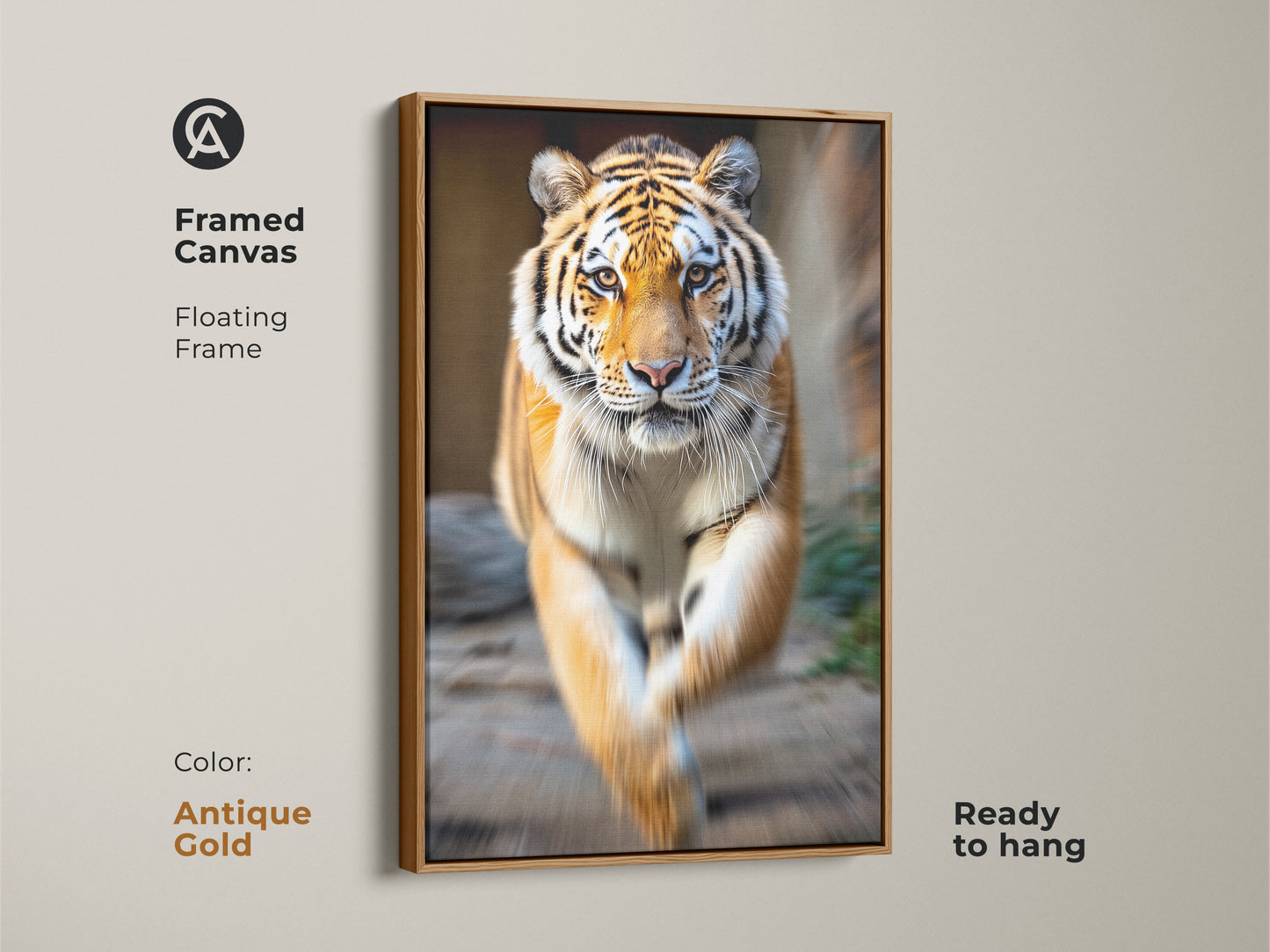 Antique gold framed canvas with a photorealistic tiger. The floating frame highlights the orange black jungle animal artwork. Ready to hang wildlife art for any room.