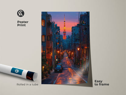 Tokyo Tower poster print rolled in a tube for easy framing. Urban scene decor featuring deep blue orange art makes a contemporary home gift. The vibrant cityscape at dusk brings the energy of Tokyo to any space. Ideal travel gift for Tokyo lover showcasing Japanese architecture.
