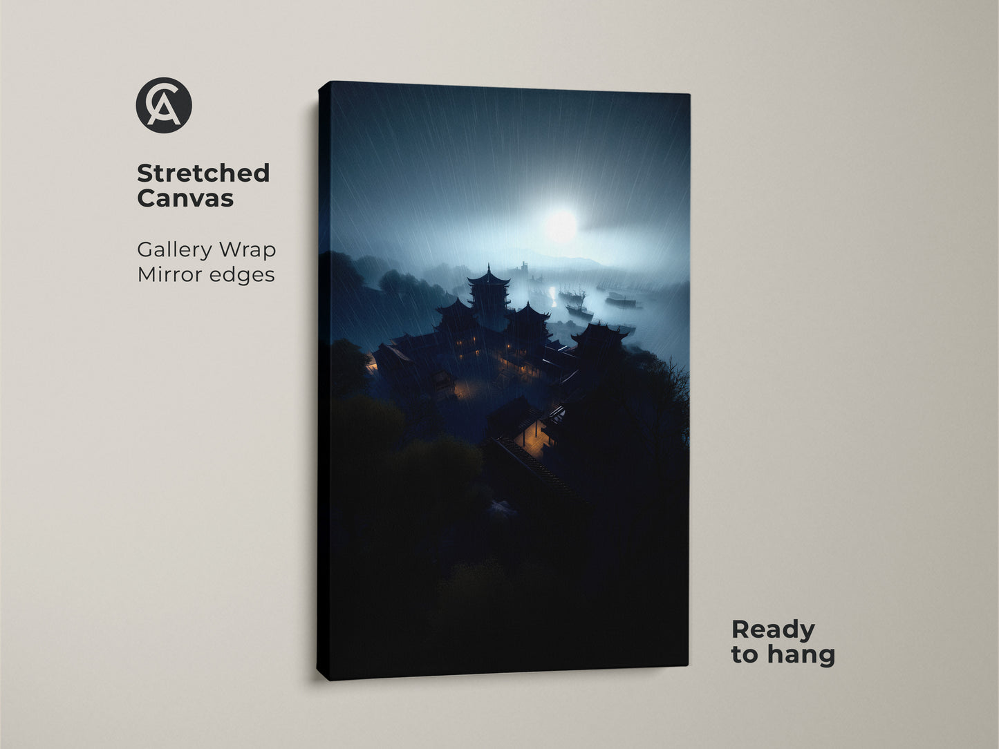 Stretched Canvas of a Rainy Night Pagoda Art Print. Dark academia meets Asian landscape in this deep teal wall art. The gallery wrap showcases a midnight blue architecture canvas. Ready to hang in your study room. A mysterious asian pagoda artwork.