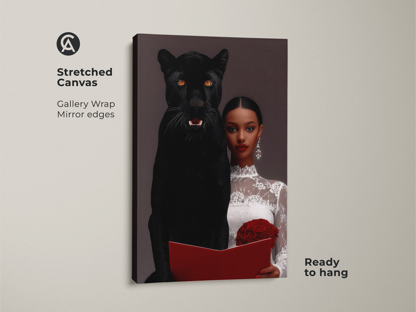 A stretched canvas art print with a gallery wrap and mirror edges. Ready to hang surrealist artwork of a woman with a black panther. This eclectic home decor art has a dark aesthetic. A unique gift for symbolism lovers.  Features photorealism animal art.