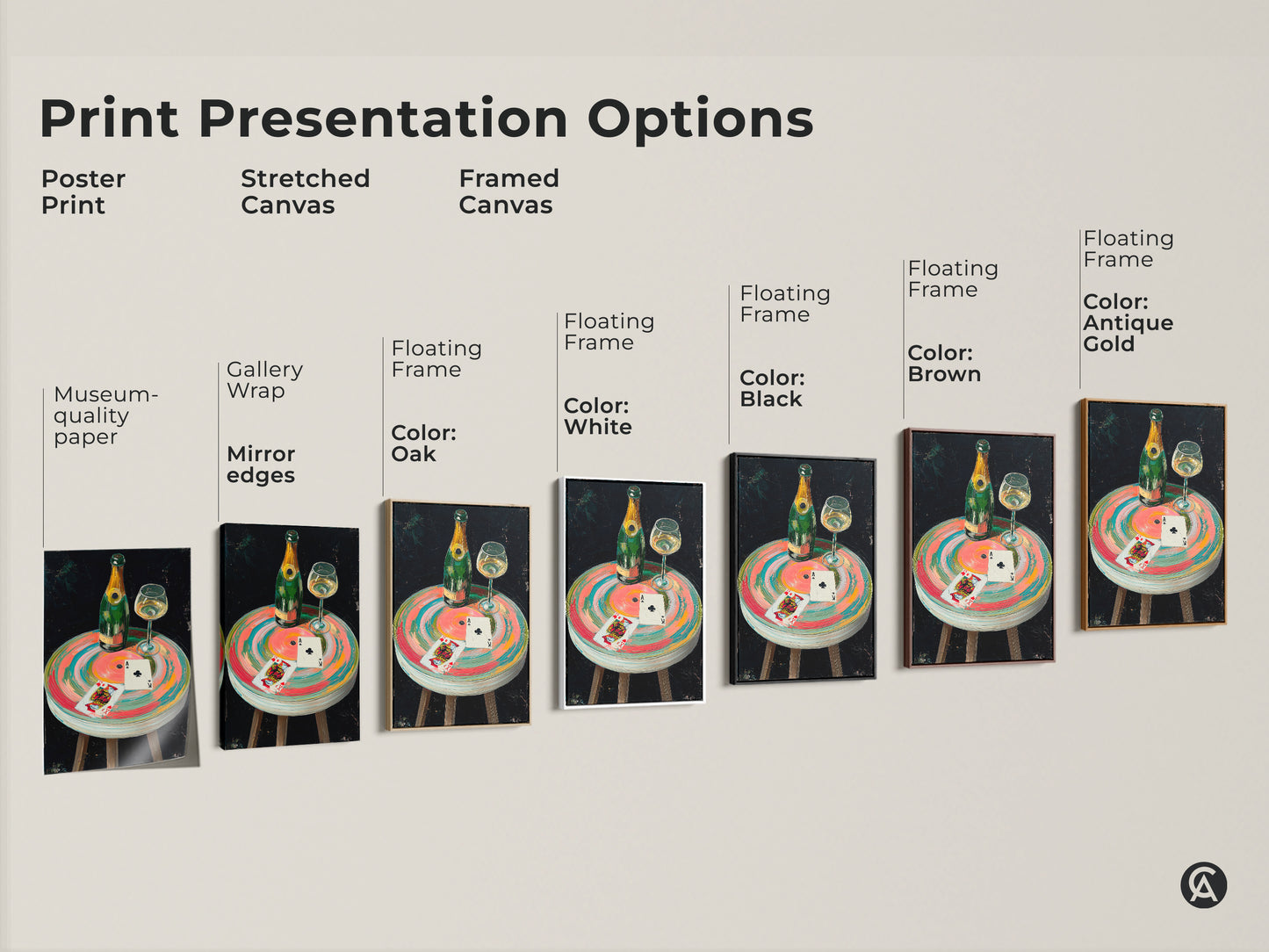 Print presentation options for the Champagne & Cards artwork. Available as a poster print stretched canvas or framed canvas. Each option enhances the eclectic style artwork.